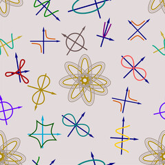 Mathematical seamless pattern. Flat vector pattern with graphs of functions. Seamless repeated pattern with geometric colorful shapes and figures on light beige background