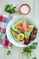 Vertical top view shot of the healthy ingredients on the plate with a fork and knife on a table