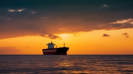 Fototapeta premium Low angle view on huge fuel tanker ship in the sea on sunset. Generative AI