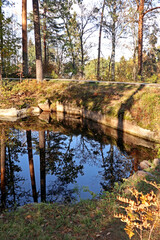 Natural park Monrepos near the city of Vyborg, Russia. Bright autumn landscapes of the unique nature of the northern bay of the Gulf of Finland.