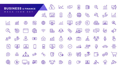   business and finance editable stroke line icon set with money, bank, check, law, auction, exchance, payment, wallet, deposit, piggy, calculator, web and more isolated outline thin symbol.