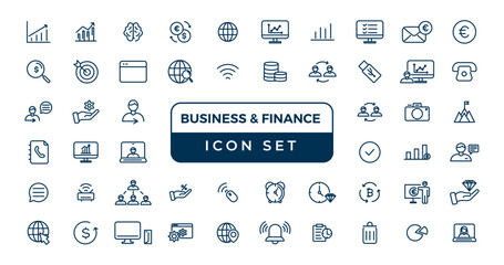   business and finance editable stroke line icon set with money, bank, check, law, auction, exchance, payment, wallet, deposit, piggy, calculator, web and more isolated outline thin symbol.
