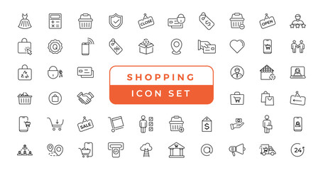 Fototapeta na wymiar Shopping and retail line icons set. E-Commerce and retail outline icons collection. Shopping, gifts, store, shop, delivery, marketing, store, money, price - stock vector.