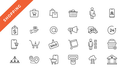  Shopping and retail line icons set. E-Commerce and retail outline icons collection. Shopping, gifts, store, shop, delivery, marketing, store, money, price - stock vector.