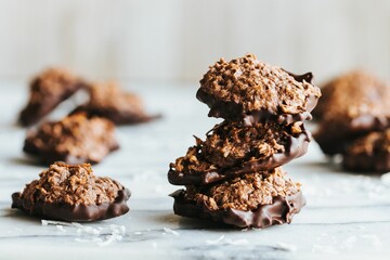 Closeup shot of chocolate cookies on the white background
