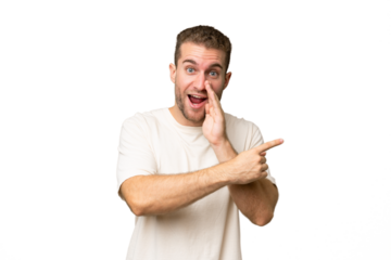 Young handsome caucasian man isolated on green chroma background pointing to the side to present a product and whispering something