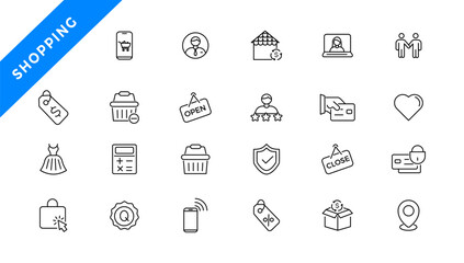  Shopping and retail line icons set. E-Commerce and retail outline icons collection. Shopping, gifts, store, shop, delivery, marketing, store, money, price - stock vector.