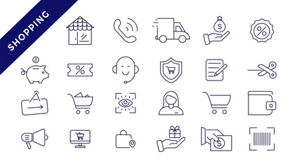   Shopping and retail line icons set. E-Commerce and retail outline icons collection. Shopping, gifts, store, shop, delivery, marketing, store, money, price - stock vector.