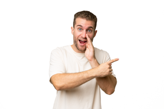 Young handsome caucasian man isolated on green chroma background pointing to the side to present a product and whispering something