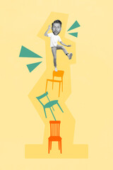Collage 3d image of young funky guy stay high armchairs falling bar excited scared danger nervous...