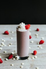 Closeup shot of a delicious strawberry milkshake in a tall glass cup surrounded by strawberries