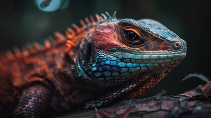 Fototapeta premium Colorful forest lizard on a tree bark in forest. Generative AI