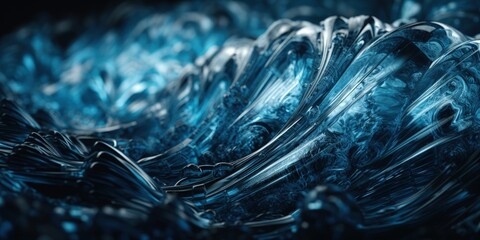 Abstract deep aquamarine blue sea with turbulent polished glass waves resembling stormy ocean scene, translucent sculpture with shimmering highlights and wavy pattern texture - generative AI