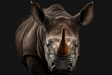 Obraz premium Close-up portrait of a rhino on black background.