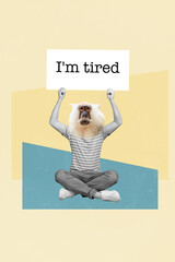 Vertical collage metaphor of head man monkey mask tired feel stupid bored overworked person need...