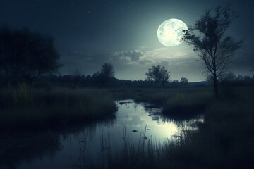 Beautiful moonlit landscape at night generative AI