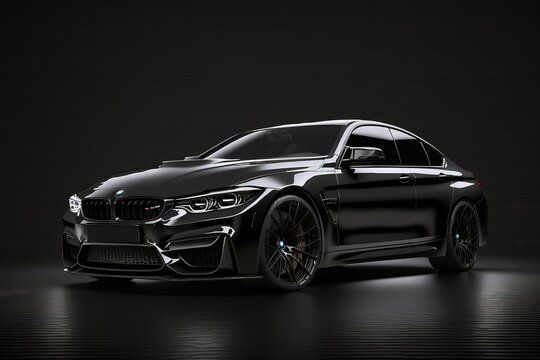 A modern black car with the headlights on on a black background.Futuristic innovative car. Generative AI