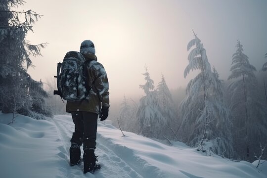 A man hikes in the snow on a mountain, beautiful view. Generate AI.