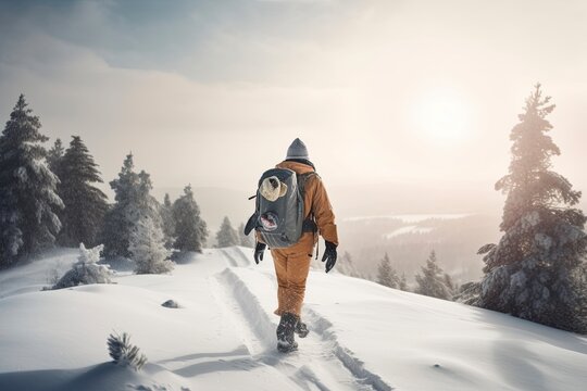 A man hikes in the snow on a mountain, beautiful landscape. Generate AI.