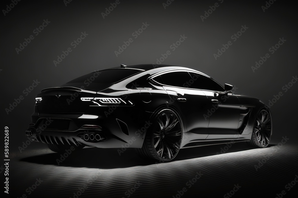 Canvas Prints A modern black car with the headlights on on a black background.Futuristic innovative car. Generative AI