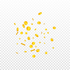 Chinese yuan coins falling. Scattered gold CNY