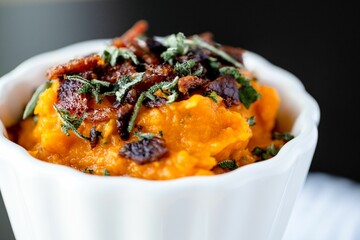 Closeup shot of a bowl of mashed sweet potato topped with fried bacon and greens on a striped cloth