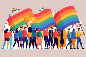 People group holding rainbow flag, lgbt pride festival concept. Generative ai.