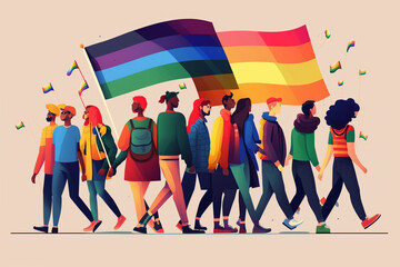 Obraz premium People group holding rainbow flag, lgbt pride festival concept. Generative ai.