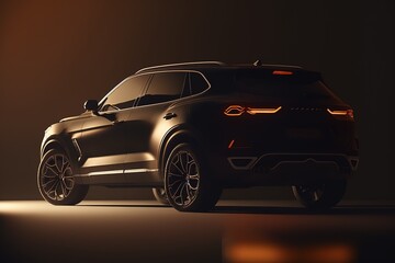 A modern black car with the headlights on on a black background.Futuristic innovative car. Generative AI