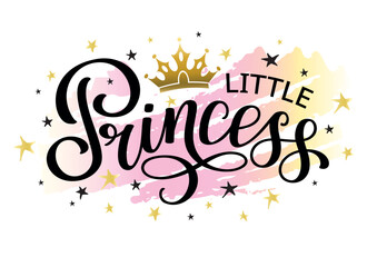 Little Princess lettering design with pink backgroung, crown and stars. Hand calligraphy text for logo or lettering on clothes.