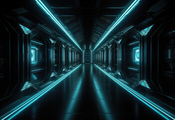 Futuristc space tunnel with lights surrounded. Created with Generative AI technology.