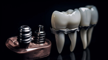 Concept for dental prosthesis. demonstrating the placement of a dental implant on a close up model of teeth's anatomy