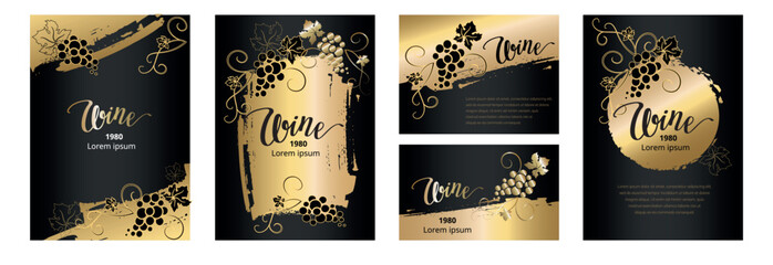Collection labels for wine. Black and gold backgrounds with grapes.