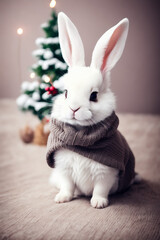 Fototapeta na wymiar Portrait of a adorable bunny, funny and cute face closeup, ready for christmas. isolated on beautiful bokeh background, created with generative ai 