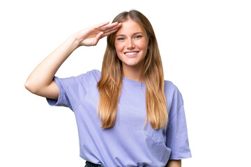 Fototapeta na wymiar Young beautiful woman over isolated background saluting with hand with happy expression