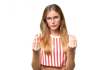 Young beautiful woman over isolated background making money gesture but is ruined