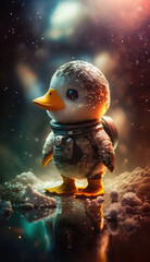 A cute baby duck astronaut in space with floral and space background. Generative AI technology.
