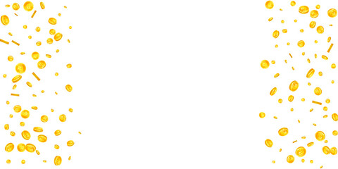 Bitcoin coins falling. Cryptocurrency scattered