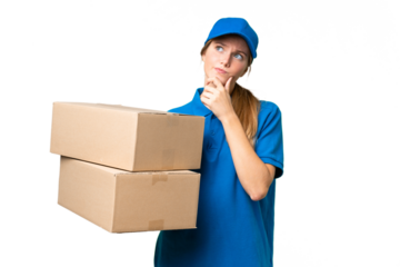 Delivery caucasian woman over isolated background having doubts