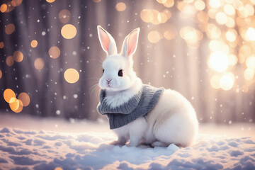 Portrait of a adorable bunny, funny and cute face closeup, ready for christmas. isolated on beautiful bokeh background, created with generative ai
