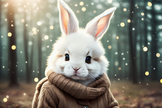 Portrait of a adorable bunny, funny and cute face closeup, ready for christmas. isolated on beautiful bokeh background, created with generative ai
