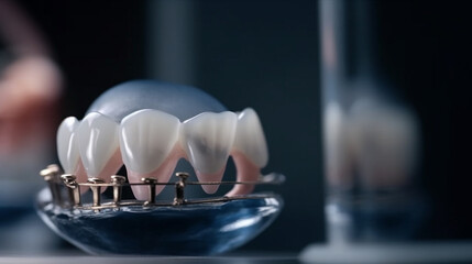 Fototapeta na wymiar Concept for dental prosthesis. demonstrating the placement of a dental implant on a close up model of teeth's anatomy