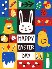 Easter poster. Vertical graphic poster with cute freehand minimalistic symbols of Easter. Greeting card for web, wall design. Bright contrast colors. Flat vector illustration on color background
