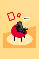 Vertical collage picture of black white gamma monkey sit comfy chair hold cup speak dialogue bubble...