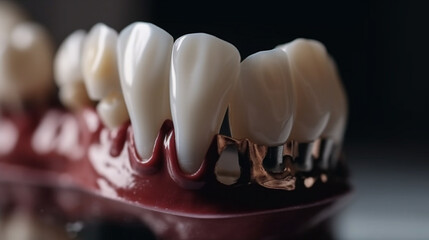 Concept for dental prosthesis. demonstrating the placement of a dental implant on a close up model of teeth's anatomy - obrazy, fototapety, plakaty