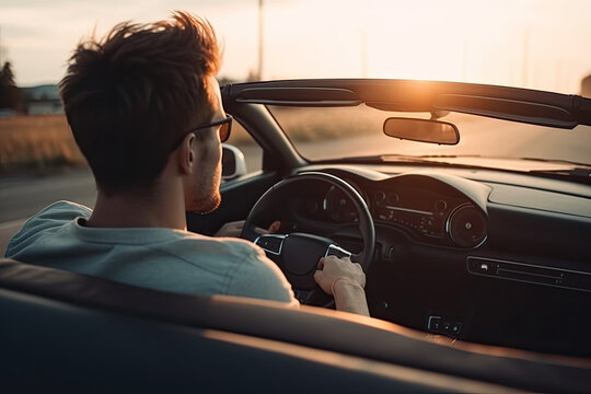 Young man driving in a convertible sports car photo from behind with copy space	