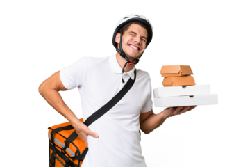 Young caucasian man with thermal backpack over isolated background suffering from backache for having made an effort