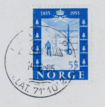 briefmarke stamp vintage retro alt old blau blue norwegen norway schnee snow langlauf 1965 telegrafenmast 55 post letter mail brief papier paper Nordkapp north cape