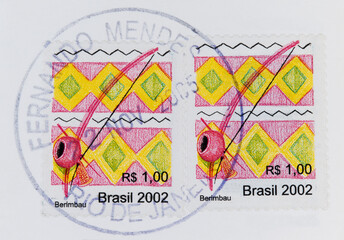 briefmarke stamp vintage retro alt old brasil brasilien berimbau köcher speer spear fernando...