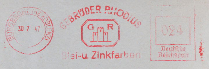 briefmarke stamp vintage retro alt old slogan werbung gebrüder rhodius blei zink farben lead zinc...